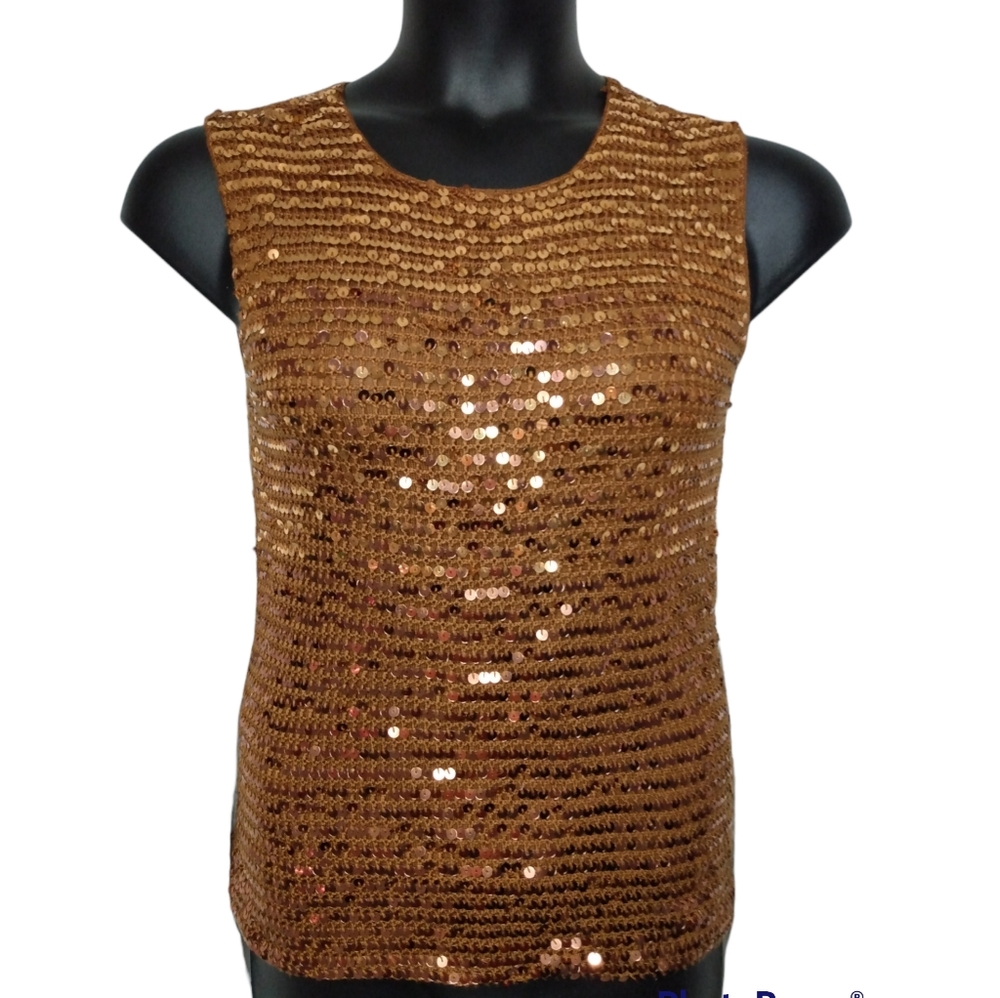 DKNY | 100% Silk Vintage Brown Sequin Sleeveless Crochet Knit Top | Large